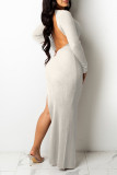 Apricot Sexy Solid Patchwork Backless High Opening Asymmetrical V Neck Pencil Skirt Dresses