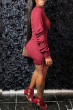 Burgundy Casual Solid Patchwork Draw String Fold O Neck Dresses