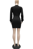 Pink Casual Solid Patchwork O Neck Waist Skirt Dresses