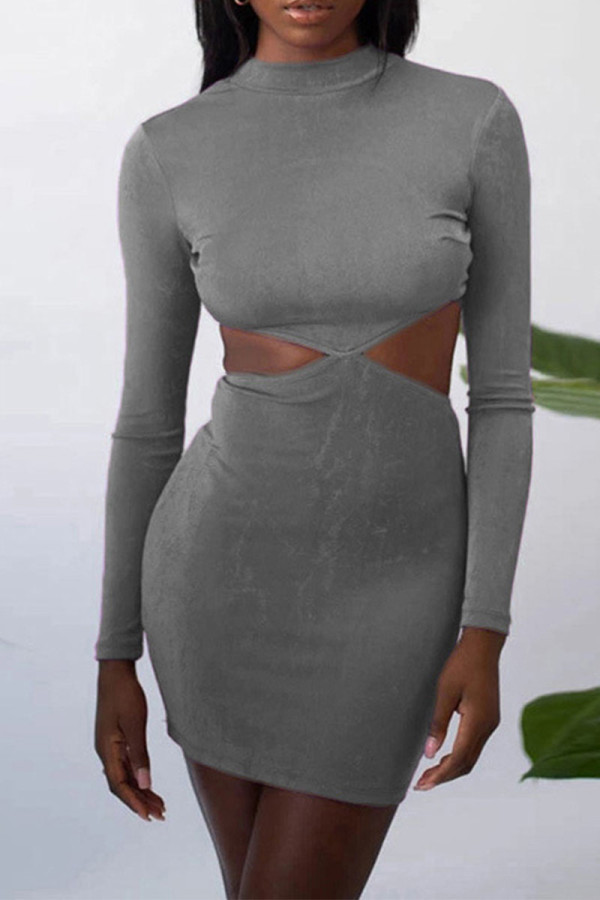 Grey Sexy Solid Hollowed Out Patchwork Backless Asymmetrical O Neck Pencil Skirt Dresses