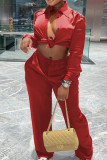 Red Fashion Casual Solid Basic Turndown Collar Long Sleeve Two Pieces