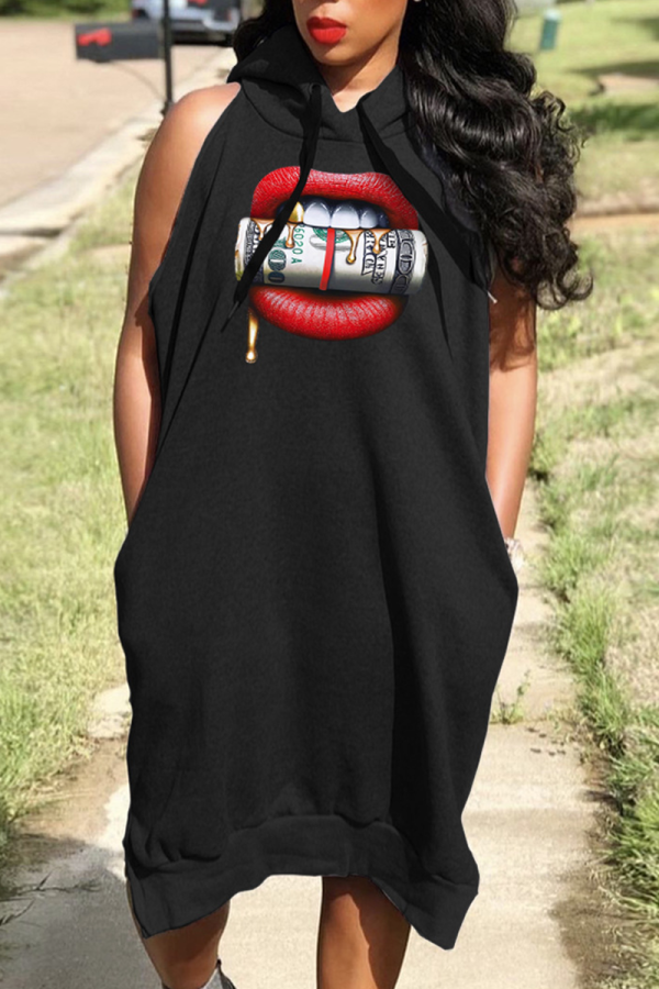 Black Casual Print Patchwork Hooded Collar Straight Dresses
