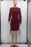 Burgundy Casual Solid Patchwork Draw String Fold O Neck Dresses