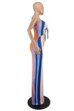 Rainbow Color Fashion Sexy Striped Print Hollowed Out Backless Spaghetti Strap Long Dress