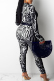 Lake Blue Sexy Print Patchwork Turndown Collar Long Sleeve Two Pieces(Without Belt)
