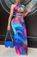 Blue Fashion Sexy Print Bandage Hollowed Out Backless Spaghetti Strap Sleeveless Two Pieces