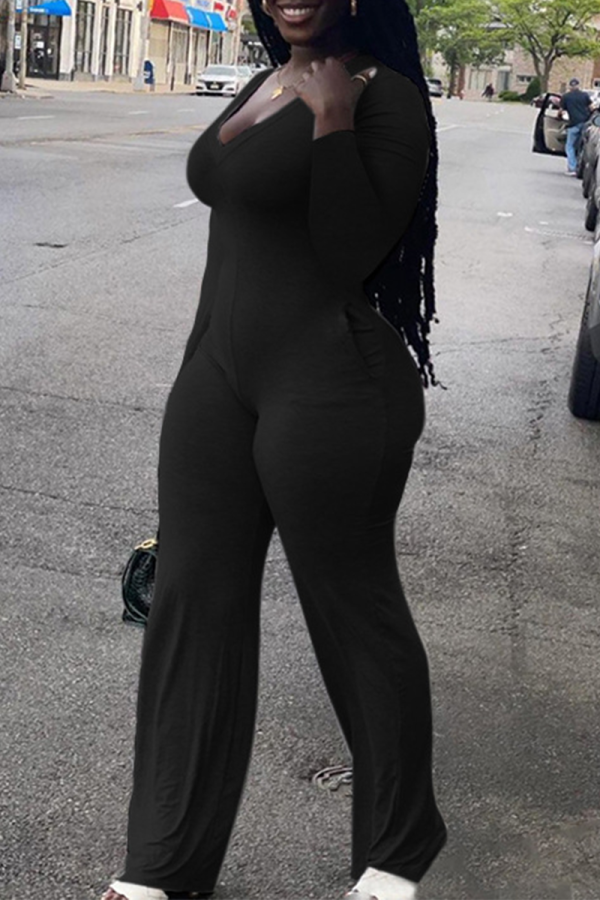 Black Casual Solid Patchwork V Neck Boot Cut Jumpsuits