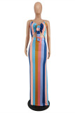 Rainbow Color Fashion Sexy Striped Print Hollowed Out Backless Spaghetti Strap Long Dress