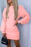 Pink Casual Solid Patchwork O Neck Waist Skirt Dresses