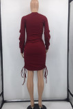 Burgundy Casual Solid Patchwork Draw String Fold O Neck Dresses