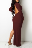 Apricot Sexy Solid Patchwork Backless High Opening Asymmetrical V Neck Pencil Skirt Dresses