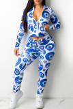 Blue Fashion Casual Print Basic Zipper Collar Long Sleeve Two Pieces