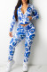 Blue Fashion Casual Print Basic Zipper Collar Long Sleeve Two Pieces