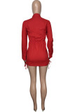 Red Fashion adult Ma'am Street Shirt sleeves Long Sleeves Turndown Collar Step Skirt skirt Solid Dresses