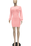 Pink Casual Solid Patchwork O Neck Waist Skirt Dresses