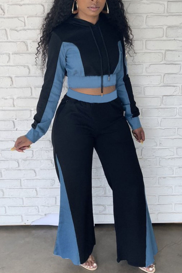 Blue Casual Solid Patchwork Hooded Collar Long Sleeve Two Pieces