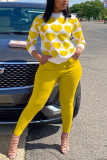 Yellow Casual Daily Spandex Print Pocket Pullovers Pants Basic O Neck Long Sleeve Regular Sleeve Regular Two Pieces