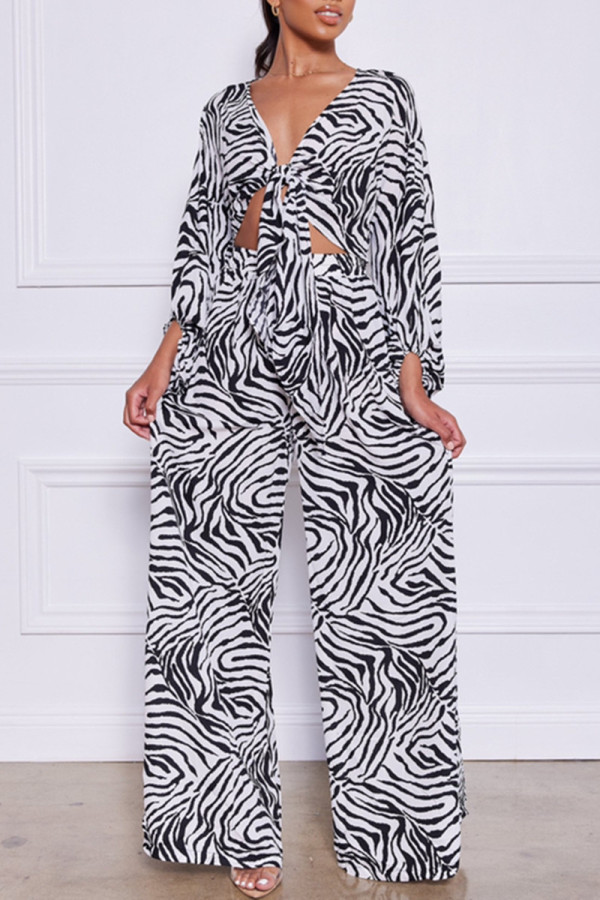 Zebra Fashion Casual Print Bandage Turndown Collar Long Sleeve Two Pieces