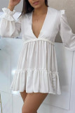 White Fashion Casual Solid Patchwork V Neck Long Sleeve Dresses pre-sale