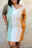 Multicolor Casual Striped Patchwork V Neck Pencil Skirt Dresses