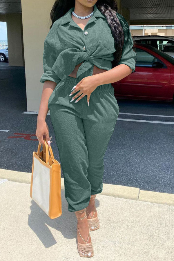 Green Casual Solid Patchwork Buckle Turndown Collar Long Sleeve Two Pieces