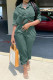 Green Casual Solid Patchwork Buckle Turndown Collar Long Sleeve Two Pieces