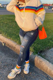 White Fashion Casual Striped Patchwork Zipper Collar Outerwear