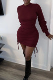 Burgundy Casual Solid Patchwork Draw String Fold O Neck Dresses