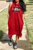 Red Casual Print Patchwork Hooded Collar Straight Dresses