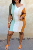 Multicolor Casual Striped Patchwork V Neck Pencil Skirt Dresses