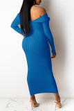 Blue Fashion Sexy Solid Basic V Neck Long Sleeve Dresses