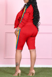 Red Fashion Casual Striped Patchwork Cardigan Zipper Collar Long Sleeve Two Pieces