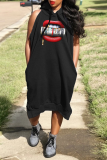Red Casual Print Patchwork Hooded Collar Straight Dresses