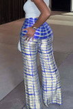 Blue Fashion Casual Plaid Print Basic Regular High Waist Conventional Full Print Bottoms