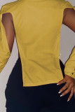 Yellow Sexy Solid Hollowed Out Patchwork Buckle Asymmetrical Turndown Collar Tops
