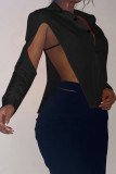 Yellow Sexy Solid Hollowed Out Patchwork Buckle Asymmetrical Turndown Collar Tops