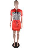 Red Fashion Casual Print Leopard Patchwork Oblique Collar Short Sleeve Dress