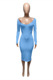 Light Blue Fashion Sexy Solid Basic V Neck Long Sleeve Dresses