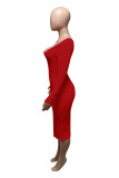 Red Fashion Sexy Solid Basic V Neck Long Sleeve Dresses