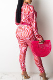 Lake Blue Sexy Print Patchwork Turndown Collar Long Sleeve Two Pieces(Without Belt)