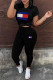 Black Fashion Casual Print Basic O Neck Short Sleeve Two Pieces