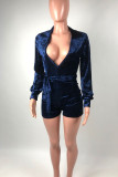 Blue Sexy Solid Patchwork With Belt V Neck Regular Rompers