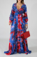 Blue Red Sexy Print Patchwork V Neck Cake Skirt Dresses