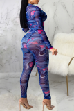 Blue Sexy Print Patchwork V Neck Skinny Jumpsuits