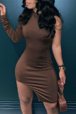 Deep Coffee Fashion Sexy Solid Asymmetrical O Neck Long Sleeve Dresses pre-sale