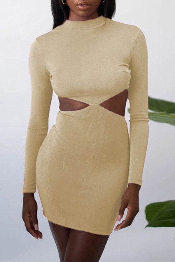 Apricot Sexy Solid Hollowed Out Patchwork Backless Asymmetrical O Neck Pencil Skirt Dresses