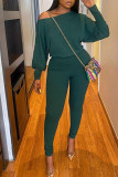 Army Green Casual Solid Patchwork O Neck Long Sleeve Two Pieces
