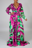 Blue Red Sexy Print Patchwork V Neck Cake Skirt Dresses
