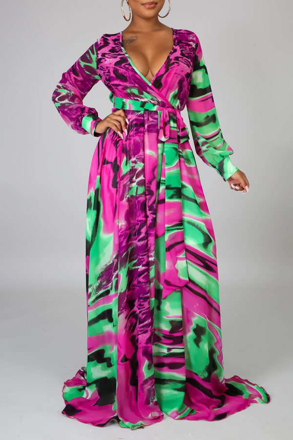 Pink Green Sexy Print Patchwork V Neck Cake Skirt Dresses