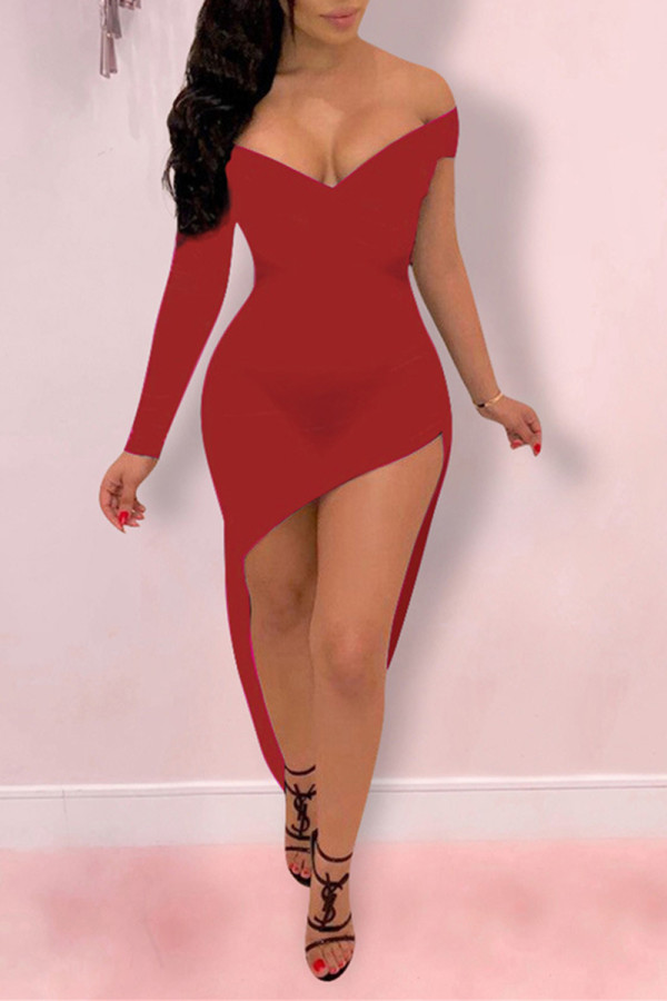 Red Sexy Solid Patchwork Asymmetrical V Neck Long Sleeve Dresses